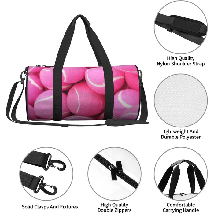Сумка-дорожня з тенісними м'ячами, з принтом, кругла, великої місткості, для походів, відпустки, ділових поїздок та іншого, світло-рожеві тенісні м'ячі, універсальний розмір