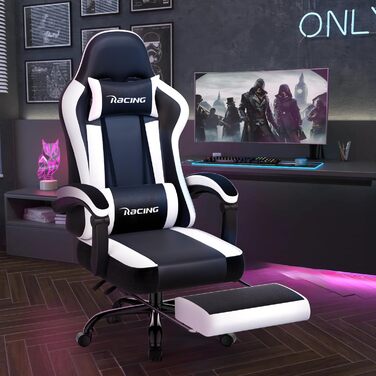 Ігрове крісло, ергономічне ігрове крісло з регульованими подушками для поперекової та підголівникової опори, ігрове крісло з підставкою для ніг, ігрове крісло вантажопідйомністю до 150 кг, біле з колесами з поліуретану