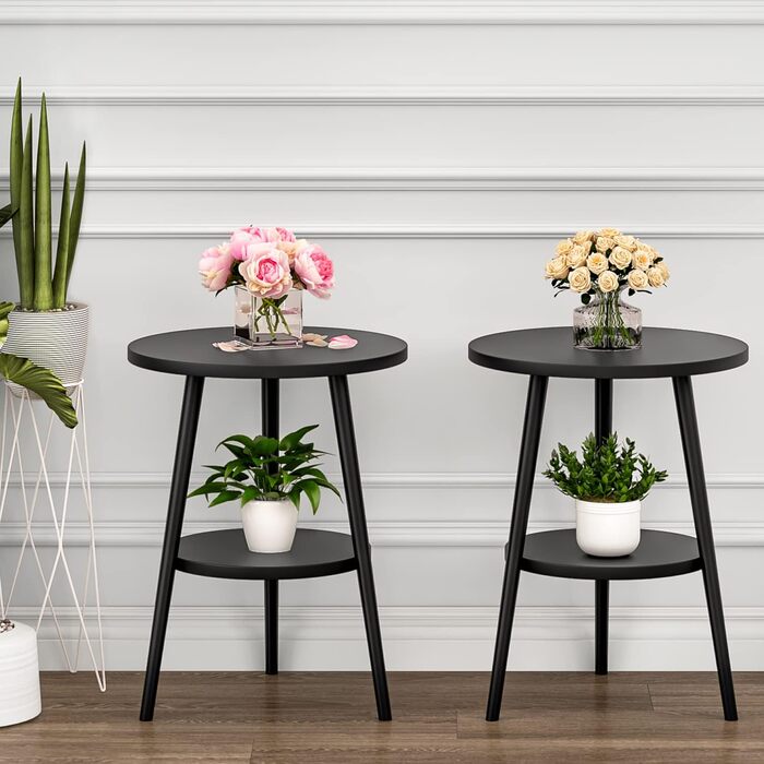 Журнальний столик KZOBYD з 2 полицями, круглий журнальний столик з місцем для зберігання, 2-ярусний диванний столик з круглими полицями, дерев&39яна тумбочка зі сталевим каркасом, 38 x 55 см (без зарядної станції, чорний) Чорний без зарядної станції