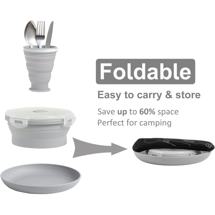 Набір столових приборів для кемпінгу, тарілки, миски, чашки для 2 осіб, складний портативний набір кемпінгових тарілок і мисок, набори кемпінгового посуду для кемпінгу, подорожей та активного відпочинку, сірий, 2 особи