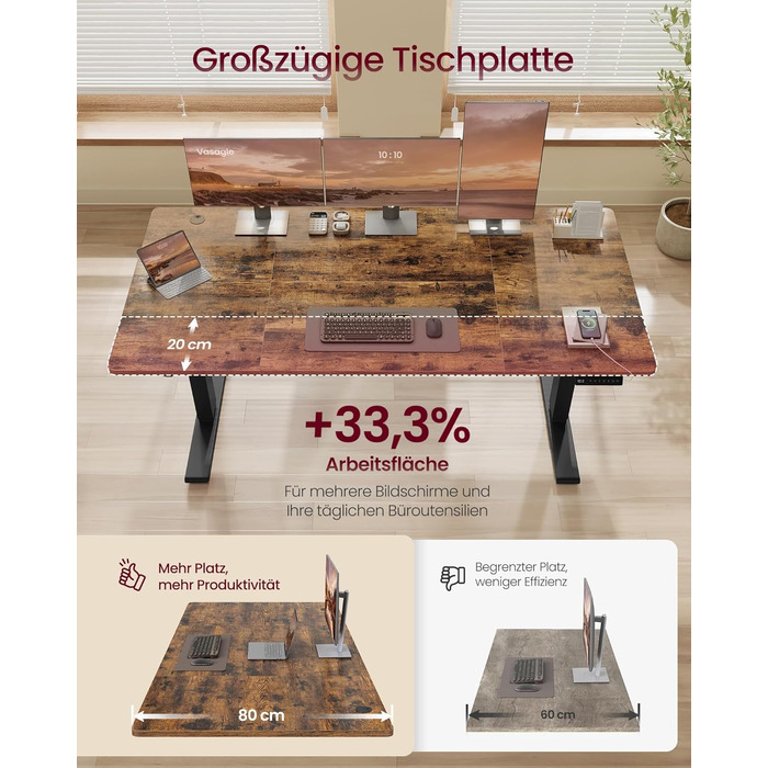 Стіл VASAGLE з регульованою висотою, 160 x 80 см, порт USB-C, подовжувач для зберігання, стіл для роботи стоячи, нагадування про тривале сидіння, 3 кнопки пам&39яті, для офісу, вінтажний коричневий LSD146KD02 160 x 80 см вінтажний коричневий