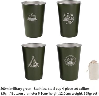Набір з 4 кемпінгових чашок з нержавіючої сталі об&39ємом 500 мл, для походів та подорожей на природі, нержавіюча сталь 304, штабельовані, легкі, з сумкою для зберігання