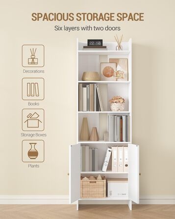 Книжкова шафа Hzuaneri з 2 дверима, 6-ярусна книжкова полиця, полиця, вітрина, полиця для зберігання для вітальні, домашнього офісу, кухні, 24 x 48 x 169 см, білий, BC62003X