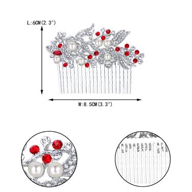 Австрійський кришталь Штучна перлина Квітка Весільний гребінець для волосся Аксесуари для волосся - Червоний 20 зубів Сріблястий тон
