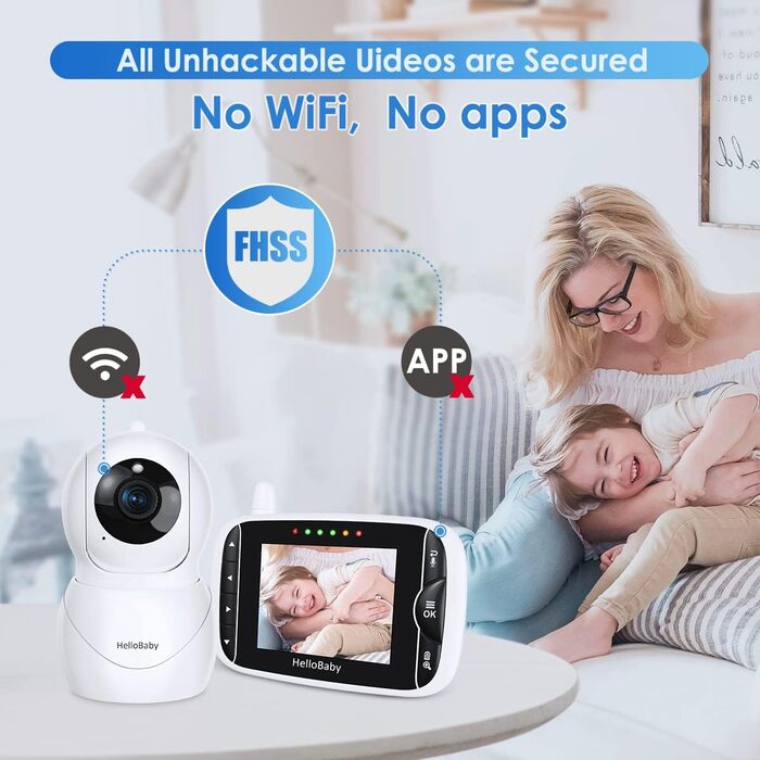 Монітор HelloBaby з камерою та аудіо, РК-дисплей IPS-екран Відеоняня Без WiFi Інфрачервоне нічне бачення, температура, 8 мов, коли