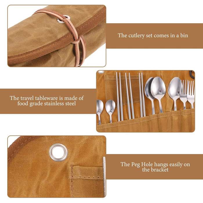 Набір столових приборів для кемпінгу Housoutil із сумкою для зберігання, полотняні столові прибори для пікніка, багатофункціональні столові прибори для подорожей для використання на свіжому повітрі, в школі, офісі та кемпінгу