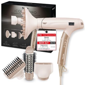 Фен Beurer HC 150 FusionDry Pro ультралегкий, потужний цифровий двигун, ергономічна складана ручка для подорожей, іонізація для блиску волосся, 4 насадки для стайлінгу