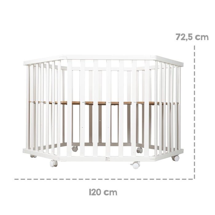 Сторонній манеж roba з вкладишем Adam & Owl - Ворота для повзання, регульована висота у 3 напрямках - Мобільний манеж на колесах - Дерево, білий / Adam & Owl, 6-