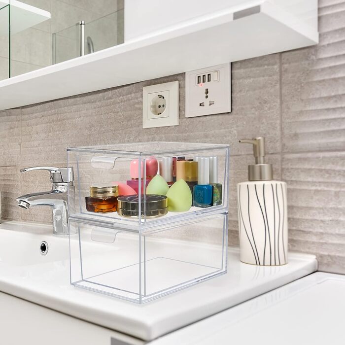 Ящики для косметичного органайзера, штабелюваний прозорий акриловий органайзер для макіяжу, 2 шухляди для зберігання на столі, туалетний столик, ванна кімната, спальня, дві коробки під раковиною