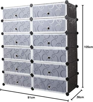 Взуттєва полиця Mondeer, 12 відділень, пластикове відділення для зберігання взуття, модульна пластикова полиця, взуттєва шафа для взуття, сумок та інструментів, з дверцятами, 91 * 36 * 105 см, чорна з друкованим декором