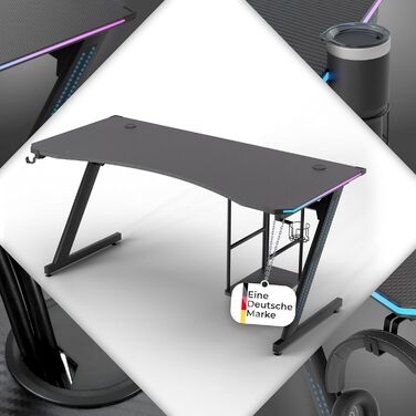 Ігровий стіл MY SIT Gizmo зі світлодіодним підсвічуванням, що змінює колір - Тримач для навушників, тримач для ПК та підсклянник - Потужне керування кабелями - Ігровий стіл/комп&39ютерний стіл чорного кольору