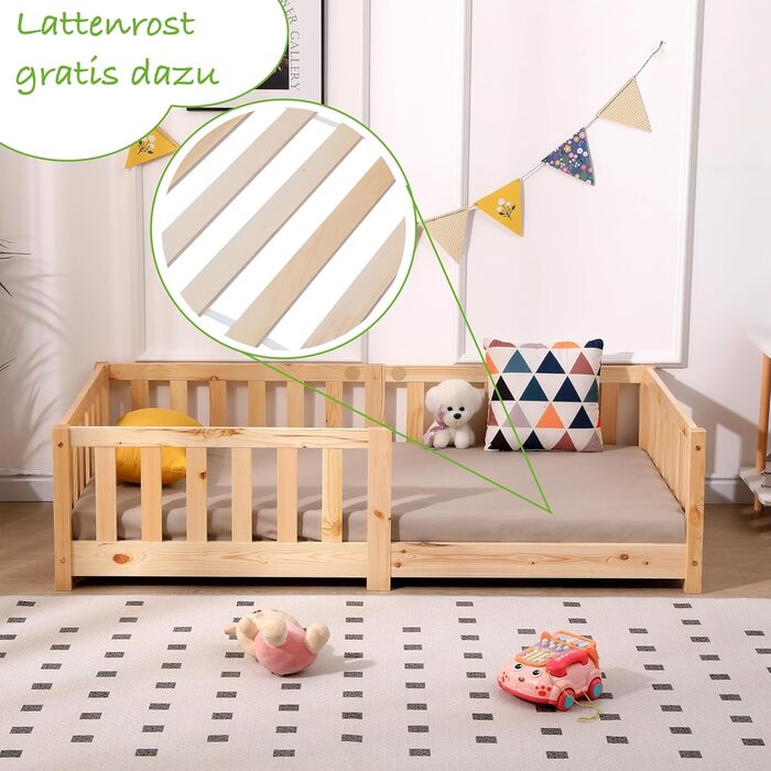 Дитяче ліжко ecomi 80x160 із захистом від падіння, Ліжко на підлозі, Рейкова основа для дітей, Дитячі ліжка для дівчаток та хлопчиків, Масив сосни з натуральним покриттям, 80 x 160 см