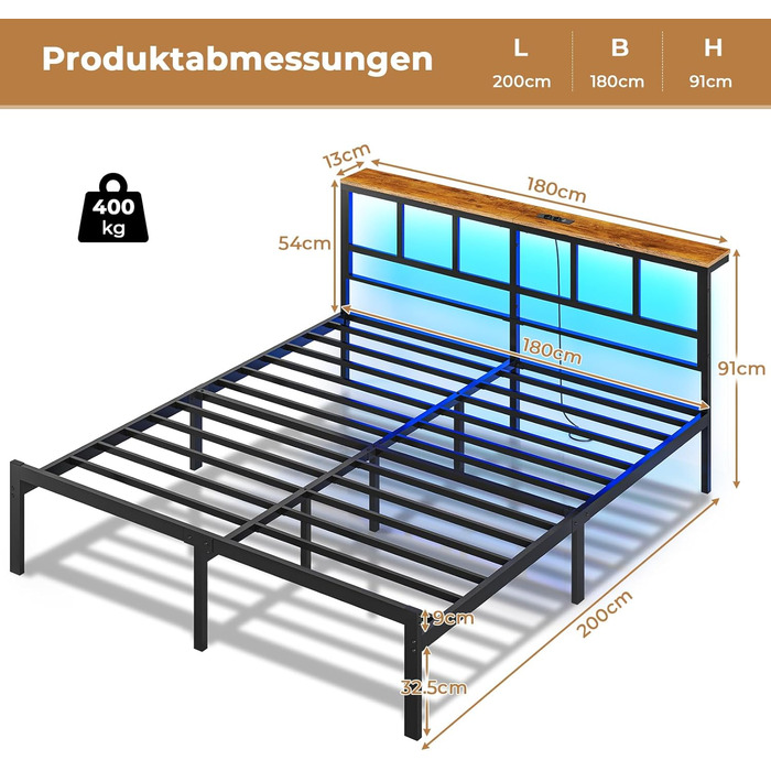 Ліжко 180x200 з металевою рейковою основою, каркас ліжка 180x200 см зі світлодіодним освітленням, зарядна станція (2 розетки змінного струму, 2 USB-порти), металеве ліжко 180x200 см з узголів&39ям та місцем для зберігання речей, двоспальне ліжко