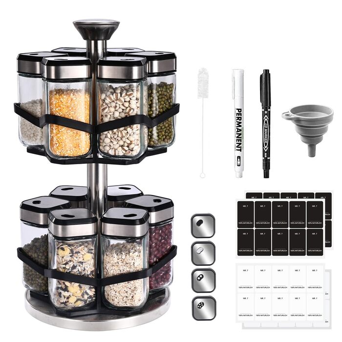 Дворівнева карусель для спецій, що обертається на 360, з 12 банками для спецій об&39ємом 120 мл, годинником на 360 (розмір отвору можна вибрати), обертовою підставкою для спецій, підставкою для спецій з нержавіючої сталі, набір органайзерів для спецій з 1