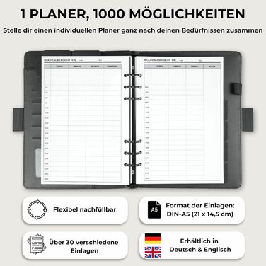 Папка-реєстратор KOMPASS A5 з кільцями, що замінюється, Стартовий набір, включаючи 309 вставок Папка-реєстратор успіху A5 Планувальник справ, щотижневий планувальник, планувальник зустрічей, календар, журнал Bullet, трекер звичок, чорний стартовий набір