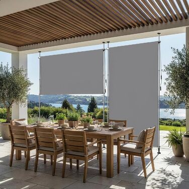 Вертикальний тент LEADZM із затискачем 200x305 см, розсувний та непрозорий, захист від ультрафіолету 50 та водонепроникний, не потребує свердління з ручним приводом для саду, тераси, балкона та вітальні, сірий 200x305 см