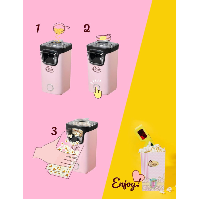 Виробник попкорну Bestron, турбо-попкорн менш ніж за 2 хвилини, машина для приготування попкорну з технологією гарячого повітря, включаючи 10 пакетиків для попкорну та вбудовану мірну чашку, колекція Sweet Dreams, колір рожевий