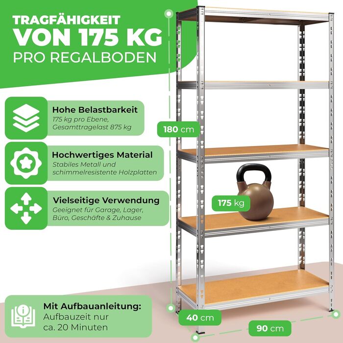 Комплект із 2 металевих стелажів Thomas, стелажі для зберігання 90x40x180 (В) см, підвальні стелажі, вантажопідйомність до 875 кг, сріблястий колір, з 5 полицями, вантажопідйомність кожна 175 кг, регульована висота, надміцні стелажі (легкий монтаж) 1 Easy
