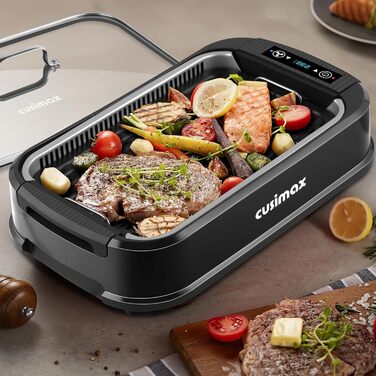 Електричний гриль CUSIMAX 1500 Вт Настільний гриль електричний з кришкою для внутрішнього та зовнішнього використання, електричний гриль з регульованою температурою, знімний піддон для крапель масла та пластина для гриля, чорний