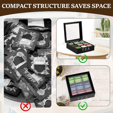 Чайна коробка, коробка для чайних пакетиків з 9 відділеннями, дерев&39яна ємність для чаю, елегантна коробка для зберігання чаю, бляшанка з прозорою кришкою-віконцем для зберігання чаю з захистом від аромату (чорна)