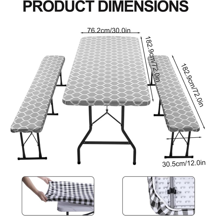 Комплект чохла для столика для пікніка з чохлами для лавок, водонепроникного чохла для столика для пікніка з еластичною лінією, неслизького чохла для пікніка 30 x 72 дюйма, скатертини для кемпінгу, що легко чиститься для, 3 шт./