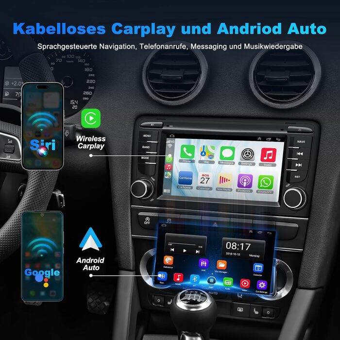 Автомагнітола 232 ГБ для Audi A3 S3 RS3 2003-2012 з бездротовим Carplay та Android Auto, Android 13 7-дюймовий IPS-навігатор з GPS-навігацією, голосовим керуванням SWC, камерою заднього виду, Bluetooth 5.2, система Hands-Free, WiFi