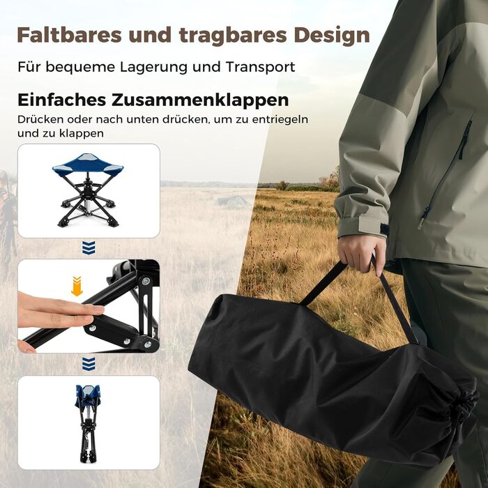 Складаний стілець COSTWAY, обертовий на 360 кемпінговий стілець, складний стілець з ніжками, що запобігають прогинанню, та сумкою для перенесення, портативний кемпінговий стілець, вантажопідйомність до 150 кг, рибальський стілець для кемпінгу, полювання, 