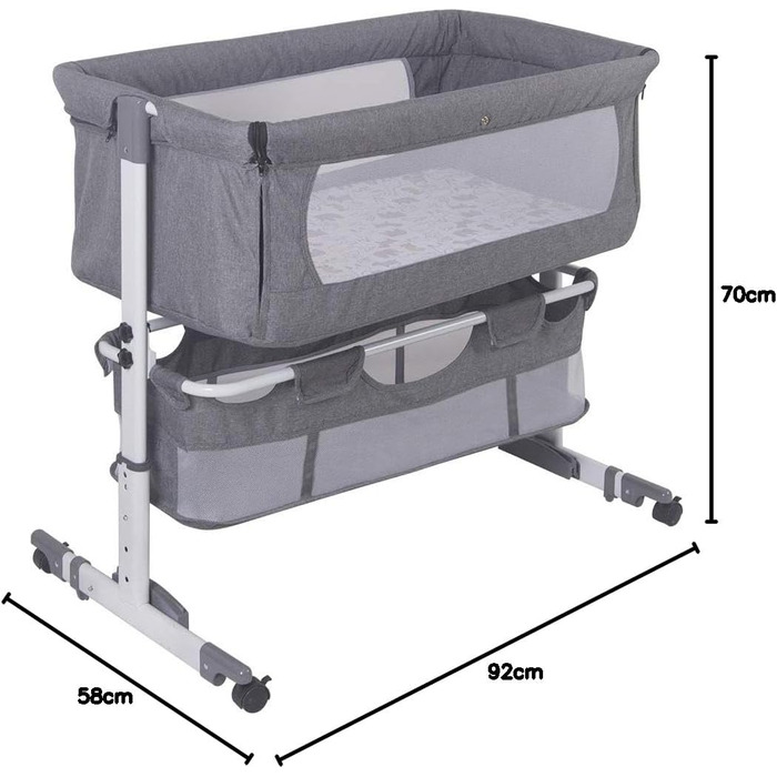 Дитяче ліжко Codododo з матрацом та москітною сіткою, ліжко 2-в-1 для дітей від 1 до 36 місяців, складне, 2-в-1, мобільна дитяча колиска, приліжкове ліжечко (92 x 58 x 70-90 см (Сірий)) 92 x 58 x 70-90 см, Білосніжний