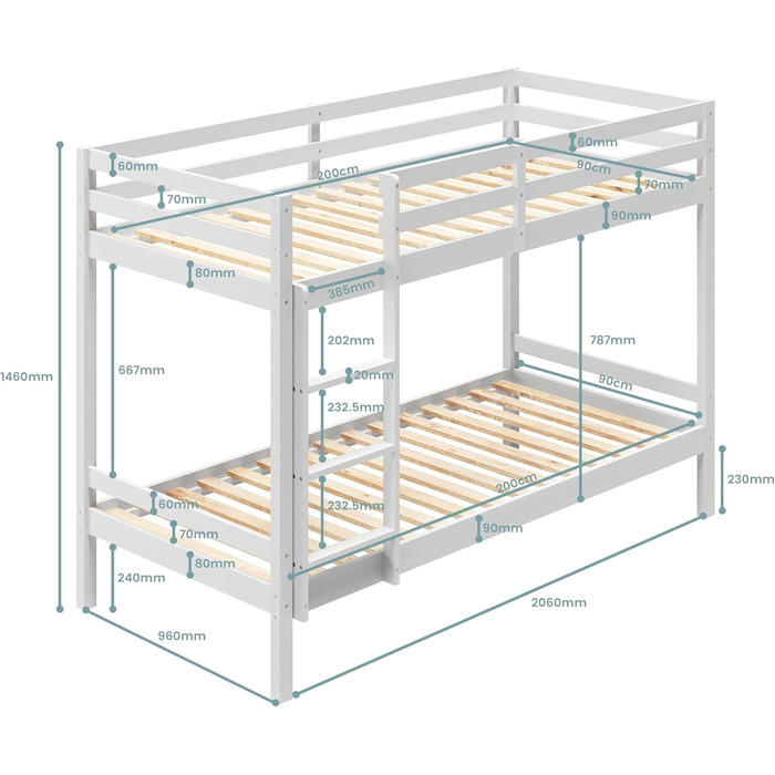 Дитяче ліжко-горище Kids Collective, двоярусне ліжко, ліжко-горище 90x200 Дерев&39яне дитяче ліжко, сертифіковане EN 747, компактне та безпечне двоярусне ліжко 206x96x146 см (ШxГxВ) Білий Для дітей віком від 4 до 18 років, 90x200 см, матрац не входить до 