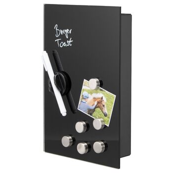 Скринька для ключів Bremermann зі скляною передньою частиною, з можливістю запису, 8 гачків, 6 магнітів, 1 маркер, 1 тримач для маркера, металевий корпус із сірим порошковим покриттям (повністю чорний)