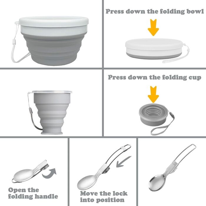 Складаний похідний набір посуду на 6 осіб з нержавіючої сталі (ніж, ложка, виделка), чашка, миска, тарілка та сітчастий мішок ідеально підходить для подорожей, кемпінгу, пікніків та активного відпочинку.
