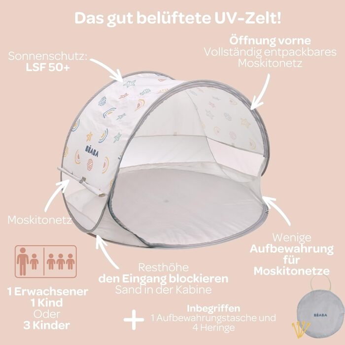 Пляжний намет BABA, дитячий пляжний намет із захистом від ультрафіолету, максимальний захист від сонця UPF50, УФ-фільтр, вентиляція 360, москітна сітка, місткий сонцезахисний намет, сумка для перенесення, Breezy