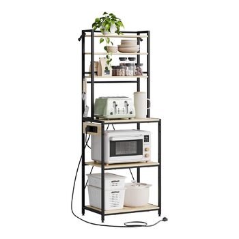 Кухонна полиця WOLTU на 6 рівнів з розетками, полиця для мікрохвильової печі з 6 гачками, полиця для пекаря з металевим каркасом, регульована полиця, чорнийсвітлий дуб, 60 x 167 x 40 см чорнийсвітлий дуб 60 x 39,5 x 167 см