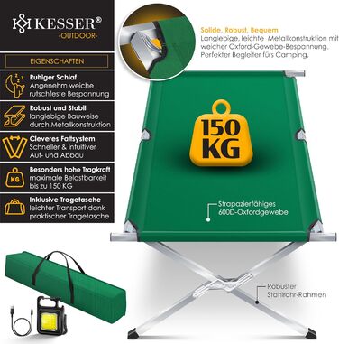 Кемпінгове ліжко KESSER, розкладне ліжко, включаючи сумку для перенесення, туристичний ліхтарик та бічну кишеню, розміром 190 см або 210 см. Міцне похідне ліжко, вантажопідйомність 150 кг, металева труба, тканина Оксфорд 600D, портативне, зручне дорожнє л