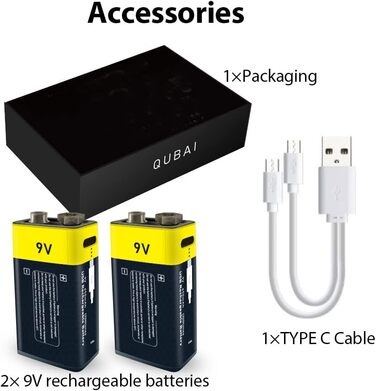 Літієві акумуляторні батареї типу C 9 В, 1,5 В, літій-іонні акумуляторні батареї USB 9 В, 650 мАг із зарядним кабелем типу C, швидка зарядка за 2 години (2 шт.) (9 В). 2-9 В