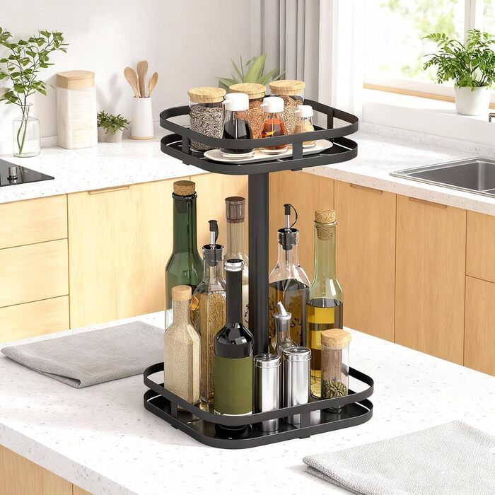 Підставка для спецій HOMCOM, 2-рівнева, обертова на 360 кухонна полиця з піднятими краями та присосками, підставка для спецій, карусель для спецій, кухонний органайзер, тримач для спецій для кухонної стільниці та обіднього столу, чорний колір