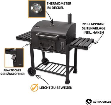 Мангал для вугілля ACTIVA Angulatus I Мангал для вугілля з кришкою, регульованим піддоном для вугілля та термометром I Візок для б