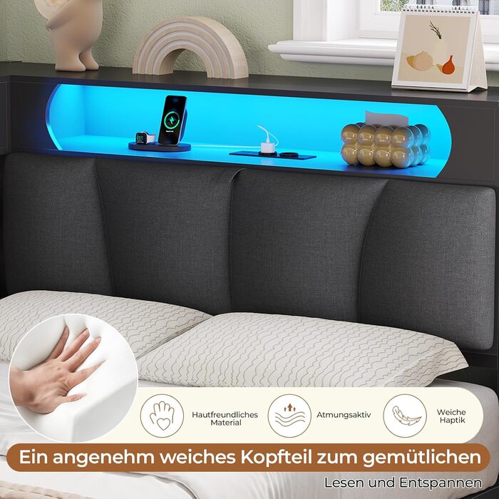 Дитяче ліжко DICTAC 90x200 см з 6 шухлядами, світлодіодним освітленням та зарядною станцією Багатофункціональний диван-ліжко з вбудованою тумбочкою та прихованим місцем для зберігання в узголів&39ї (чорний) 90x200 см