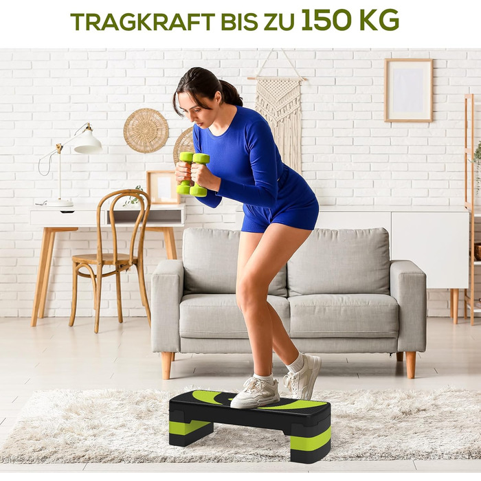 Фітнес-степер HOMCOM з регульованою висотою та протиковзкою поверхнею, 3 рівні (10/15/20 см), нековзна степ-лава для дому, тренажерного залу, офісу, пластик, чорнийзелений