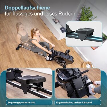 Гібридний гребний тренажер Skandika Nemo III Опір воді та магніту, 32 рівні електричного опору, 15 програм, до 200 см, сумісний із додатком, окремостоячий Водний гребний тренажер, домашнє фітнес-обладнання, чорний