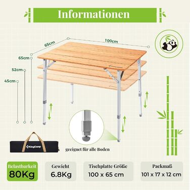 Складаний кемпінговий стіл KingCamp з бамбука, регульована висота (45/52/65 см) для 4-6 осіб, складний кемпінговий стіл з сумкою для перенесення, вантажопідйомність до 80 кг, 100 x 65 см, 3 фіксовані рівні висоти 100 x 65 см