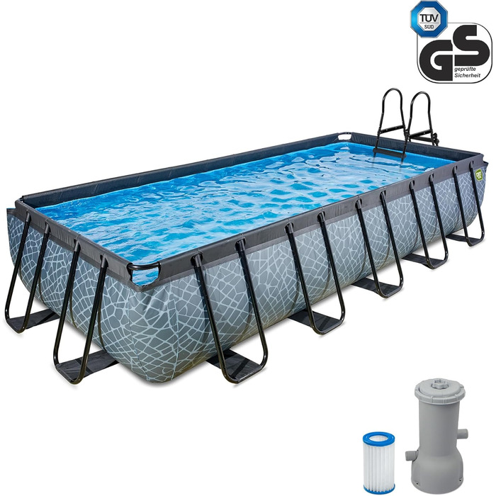 Кам&39яний басейн EXIT Toys - 540x250x100 см - Великий прямокутний каркасний басейн з картриджним фільтром та насосом - Надзвичайно глибокий басейн - Міцна рама - У комплекті драбина для басейну - Унікальний дизайн - Сірий