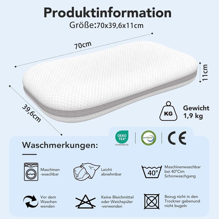 Подушка для шиї - Регульована по висоті подушка для підтримки шиї для полегшення болю в шиї - Ергономічна подушка з піни з ефектом пам&39яті - Чохол, який можна прати, 70x39,6 см, білий