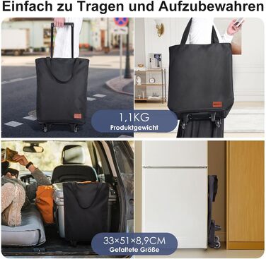 В-1 Візок для покупок, 30л Велика сумка на колесах, Легкий складаний візок для магазинів, кемпінгу та подорожей, з ключем для монет, Чорний, 2-