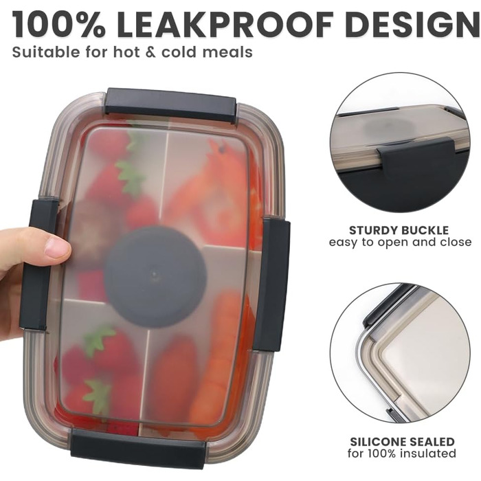 Ланчбокс Bugucat 2000 мл для дорослих, герметичний контейнер для обіду з роздільниками, бento-бокс для дітей, контейнер для салату з виделкою, для школи, пікніка чорний