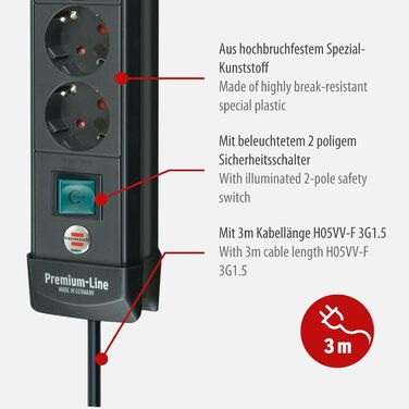 Розетка на 6 розеток (розетка на 6 розеток з вимикачем і кабелем 3 м - кут нахилу захисного контакту розеток 45, зроблено в Німечч