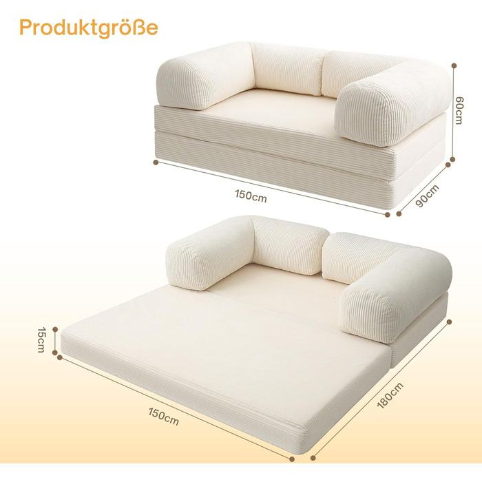 Диван MeMoreCool 4-в-1 без кісток, розкладний диван-ліжко з підлокітниками, розкладним матрацом та кріслом-ліжком, зручний розкладний диван для вітальні та спальні як шезлонг або гостьове ліжко, бежевий