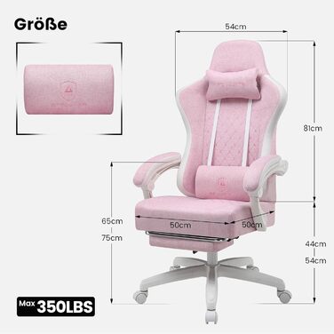 Тканина для ігрового крісла GTPLAYER, ігрове крісло з подушкою-пружиною Pocket Spring, ергономічне поворотне крісло, ігрове крісло з підставкою для ніг, вантажопідйомність 150 кг, рожево-білий