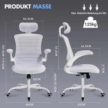 Офісне крісло COLAMY Mesh, комп&39ютерне крісло з регульованим підголівником та поперековою опорою, ергономічне робоче крісло з відкидними підлокітниками, функція нахилу 140, білий класичний колір