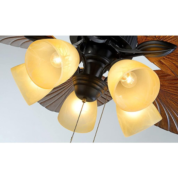 Стельові вентилятори в тропічному стилі зі скляним абажуром у формі квітки та лопаттю вентилятора у формі листка 52 старовинні сте